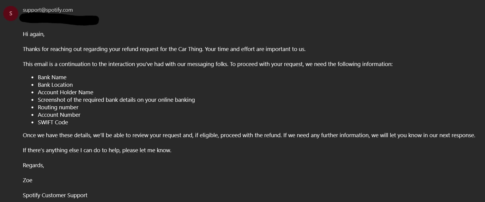 spotify-car-thing-refund-bank-details