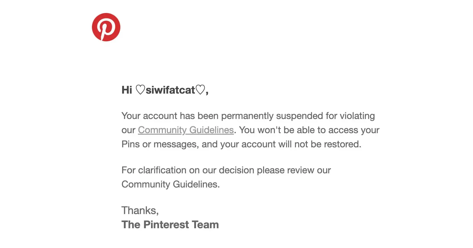Pinterest delivers permanent ban notices to suspended users out of the blue