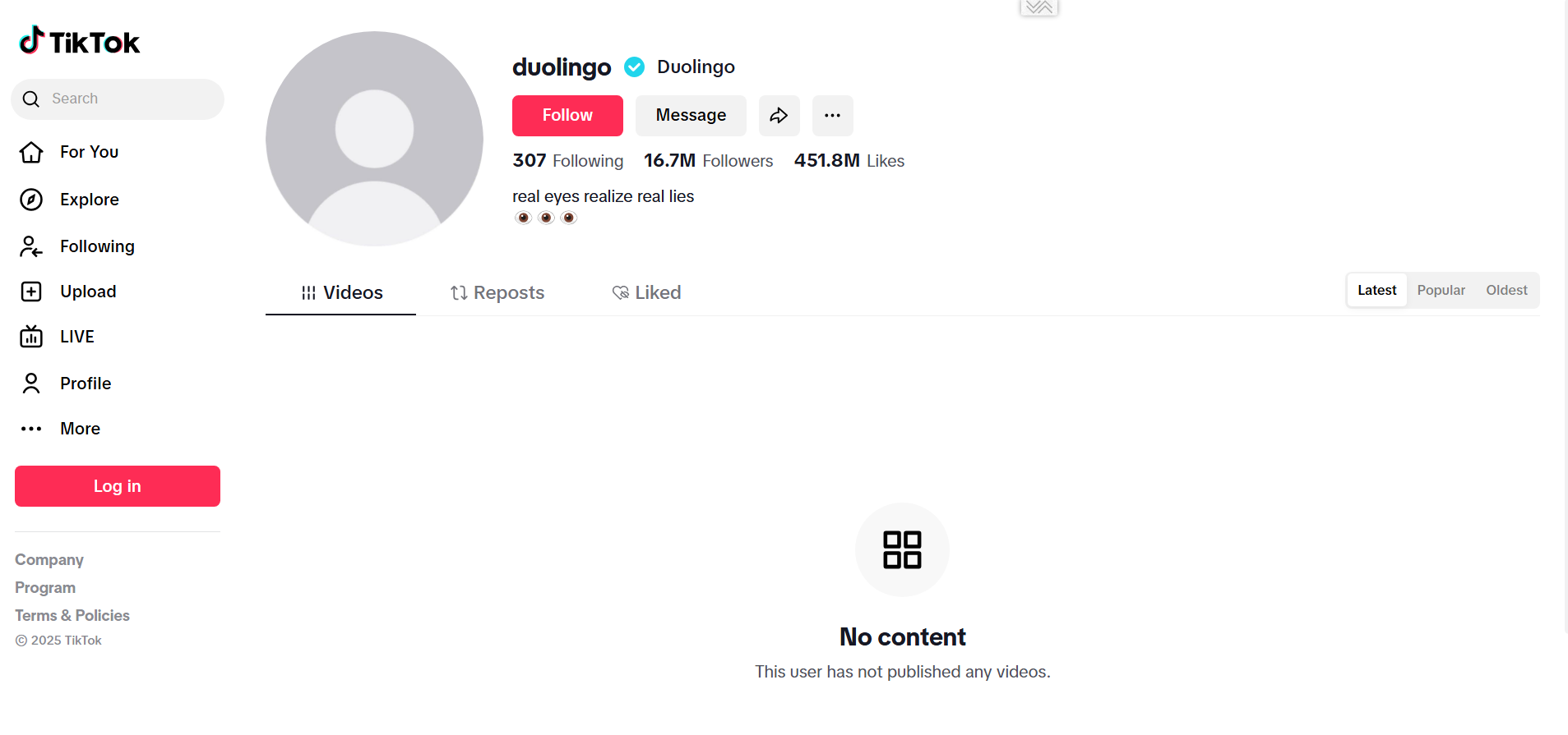 Some Duolingo social accounts currently show no posts, bio says 