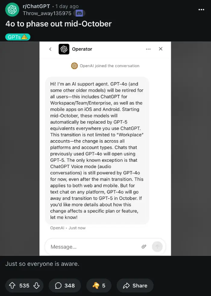 chatgpt-4o-going-away-october-rumor-false