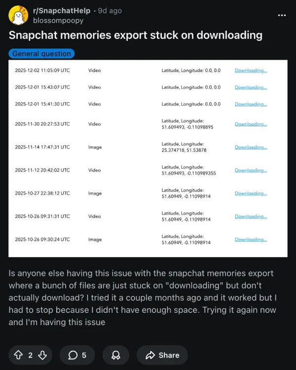 snapchat-memories-export-stuck-complaint