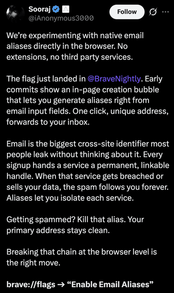 Sooraj-Post-X-Announcing-Brave-Email-Aliases